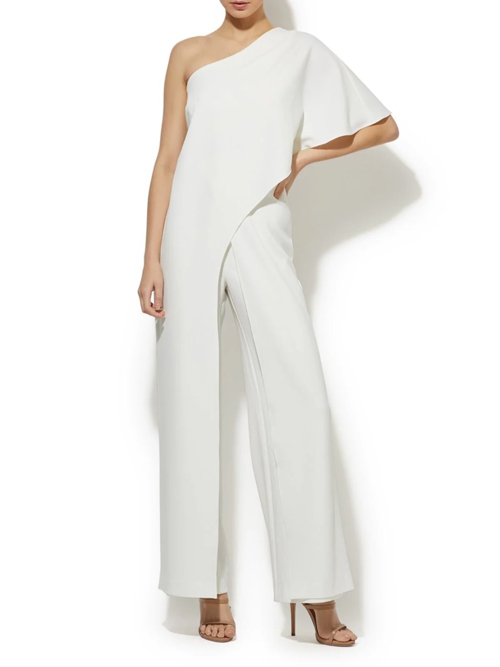 One-Shoulder White Jumpsuit with Draped Overlay